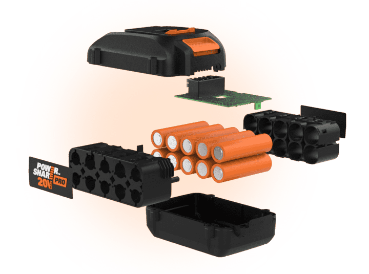 graphic showing the components inside of a Worx Power Share Pro battery