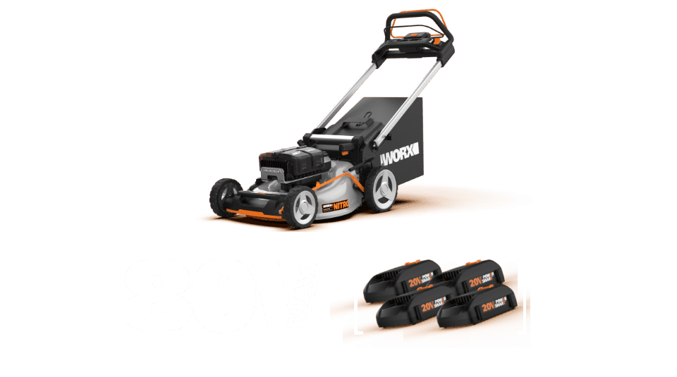 Worx 80V cordless lawn mower with four 20V Power Share batteries for 80V of power in front of white background